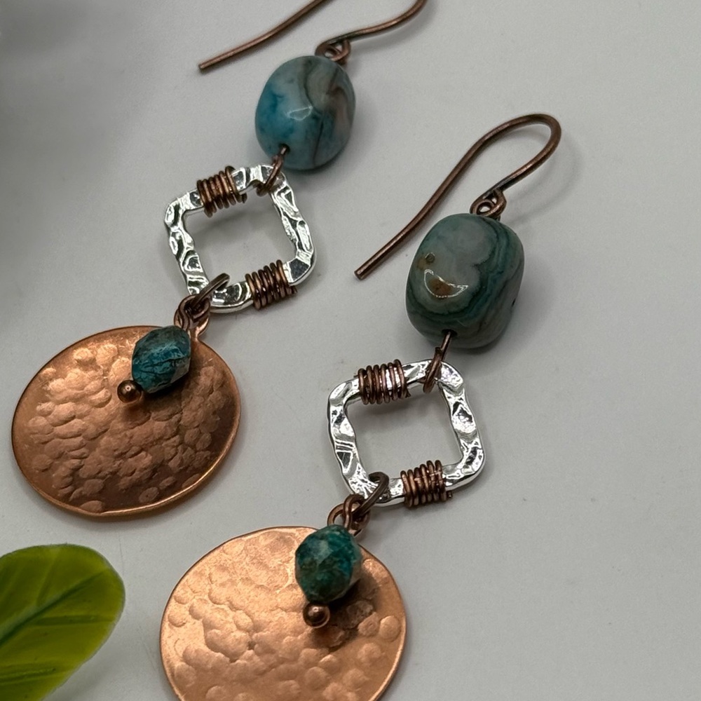 Copper and Turquoise Dangle Earrings - Picture 2 of 8